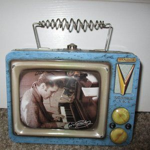 Vintage Elvis Presley Blue Collectible Tin Lunch Box Playing Piano on TV